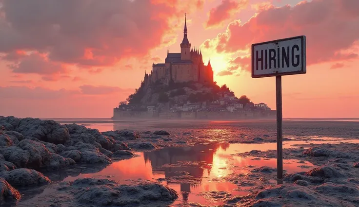 Le mont saint Michel a marée basse devant un beau couché de soleil clair. Devant est écrit « RECRUTE » posé au sol en gros 