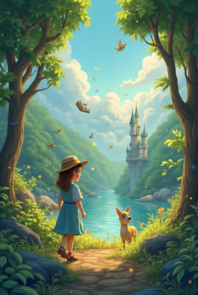 "Create an animated video featuring a lush green forest with birds chirping and a river flowing. A young girl wearing a blue dress and a hat walks along a trail, looking at the tall trees around her. She sees a deer drinking water from the river and smiles...