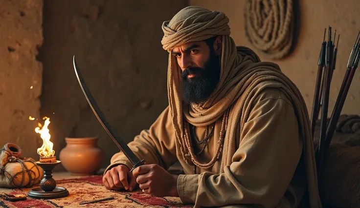 "A strong-built Arab man, wearing a long robe and simple cloth armor, with a scarf wrapped around his head. His sharp features reflect wisdom and strength, with a thick black beard and a serious gaze. He sits inside a modest home in Mecca in the year 600 A...