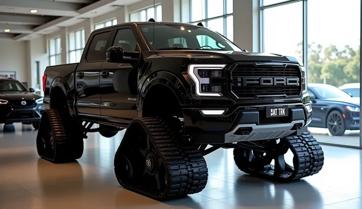 "A realistic, high-quality image of a modern pickup truck seen from the front  side view, resembling a rugged, heavy-duty off-road truck. The truck is black with glossy paint and a bold, aggressive design. It has large caterpillar tracks instead of wheels,...