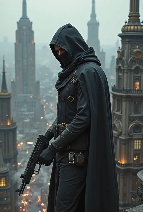  A man in a black assassin costume , black pants  , He is on top of a building with an FN P90 rifle in his hands. ((Steampunk city in the background))