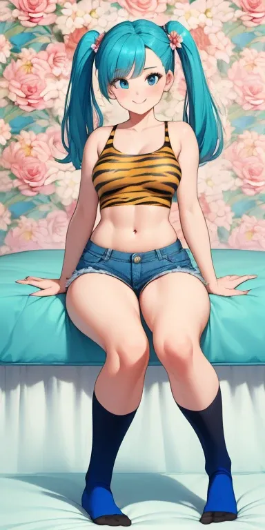  bulma, (( masterpiece,  Floral background,  beautiful romantic room:1,2,  masterpiece)) full body black tiger standing socks, denim shorts,  red and dropped shoulder,  navel (karen) ( blue eyes:1.5)  cabello verde,  hair between the eyes,  long hair pigta...