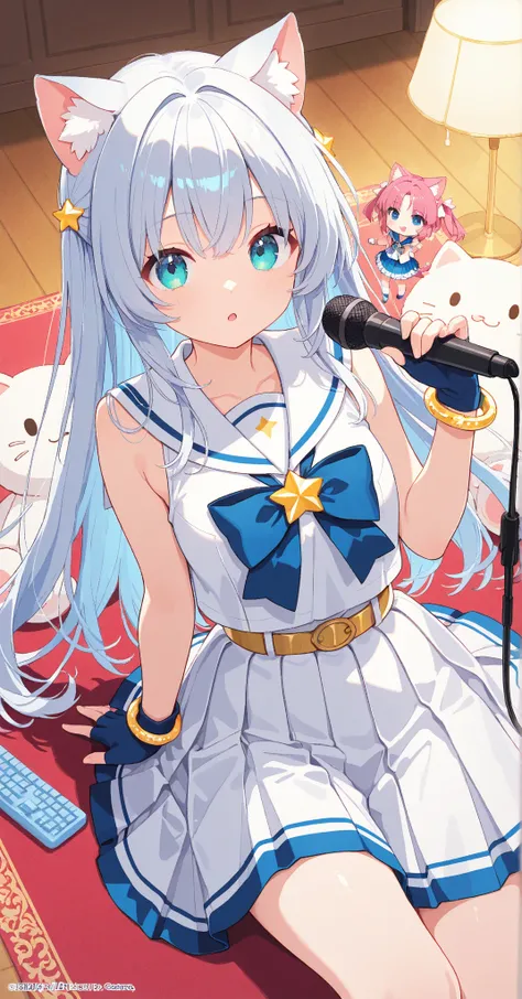 Nekomiya mana Blue-white haired anime girl 
A uniform 
Idol outfit inspired by the classic Japanese sailor school uniform,  with an elegant and vibrant touch . The blouse is sleeveless ,  but retains the characteristic sailor collar with blue and gold deta...