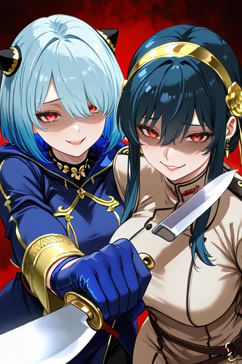 2 girls, 1 girl with big breasts, blue hair, multicolored blue hair, detailed eyes, yandere expression,  evil smile, blue glove, red eyes,  short hair, hair over one eye, Assassino Azul uniform, Yor Forger, Crossover Spy X Family, Yor holding a Knife with ...