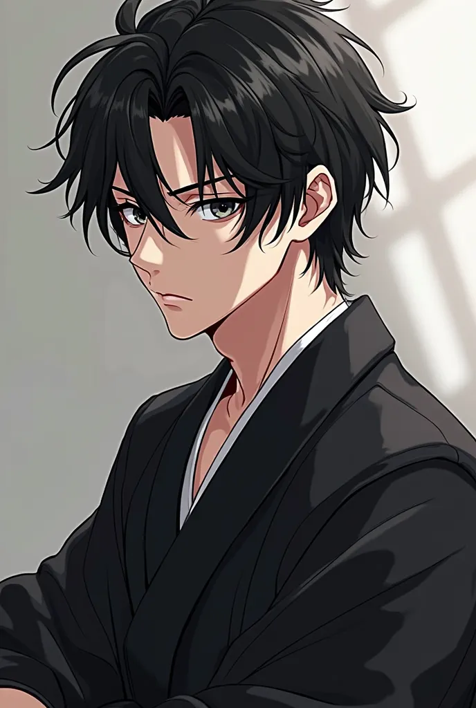 Black-haired sharp-eyed anime man wearing black yukata poses in cool poses seen in full