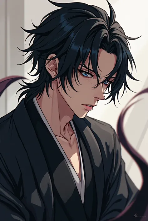 Black-haired sharp-eyed anime man wearing black yukata poses in cool poses seen in full