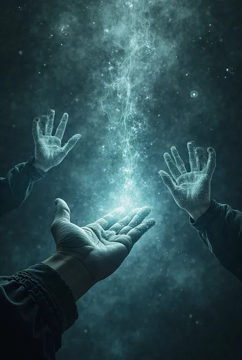 A mysterious and dark void where quantum distortions form and disappear like flaws in the fabric of reality.  in the center, ghostly hands extend, trembling as if they were made of pure energy, symbolizing quantum uncertainty. The environment is chaotic an...