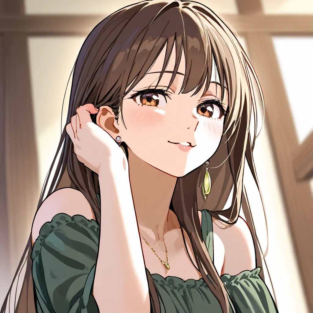 Anime style. 25 years old woman, shown from the torso up. She has long, flowing brown hair cascading over her shoulders. Her eyes are large, expressive, and captivating, drawing attention with their depth and warmth. They convey a sense of kindness and qui...