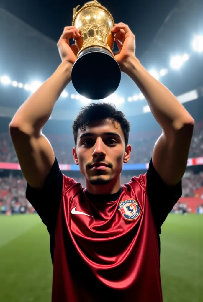 Soccer player raising the cup and celebrating with the Nikr jersey