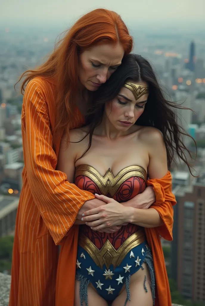 On a top of a building floor, mature ginger woman in orange vertical striped satin robe that falls just above her knee holds wonder woman from behind hands around stomach , wonder woman is crying for help