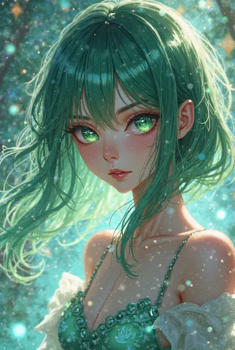 A girl with green hair and green eyes who looks like Rinn Itoshi from the anime series Blue Lock 