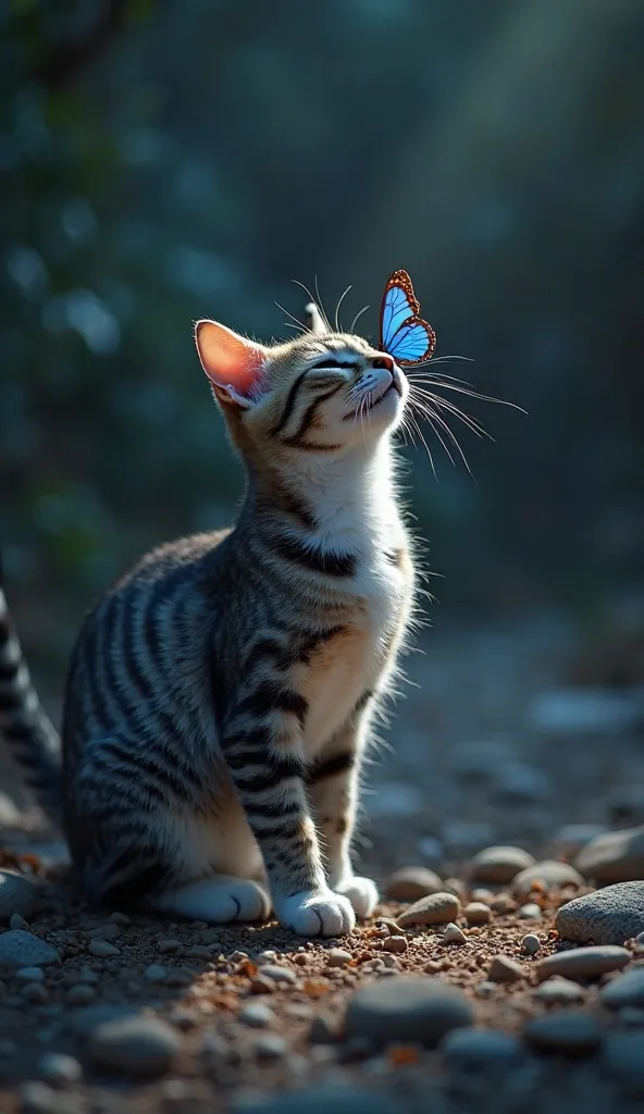 "A gray and white striped cat stands on a rocky floor in a night atmosphere or dim light. The cat closes her eyes with a peaceful expression as a brown-tinted winged blue butterfly perched on her nose. Its tail curving upwards, suggests a sense of comfort ...