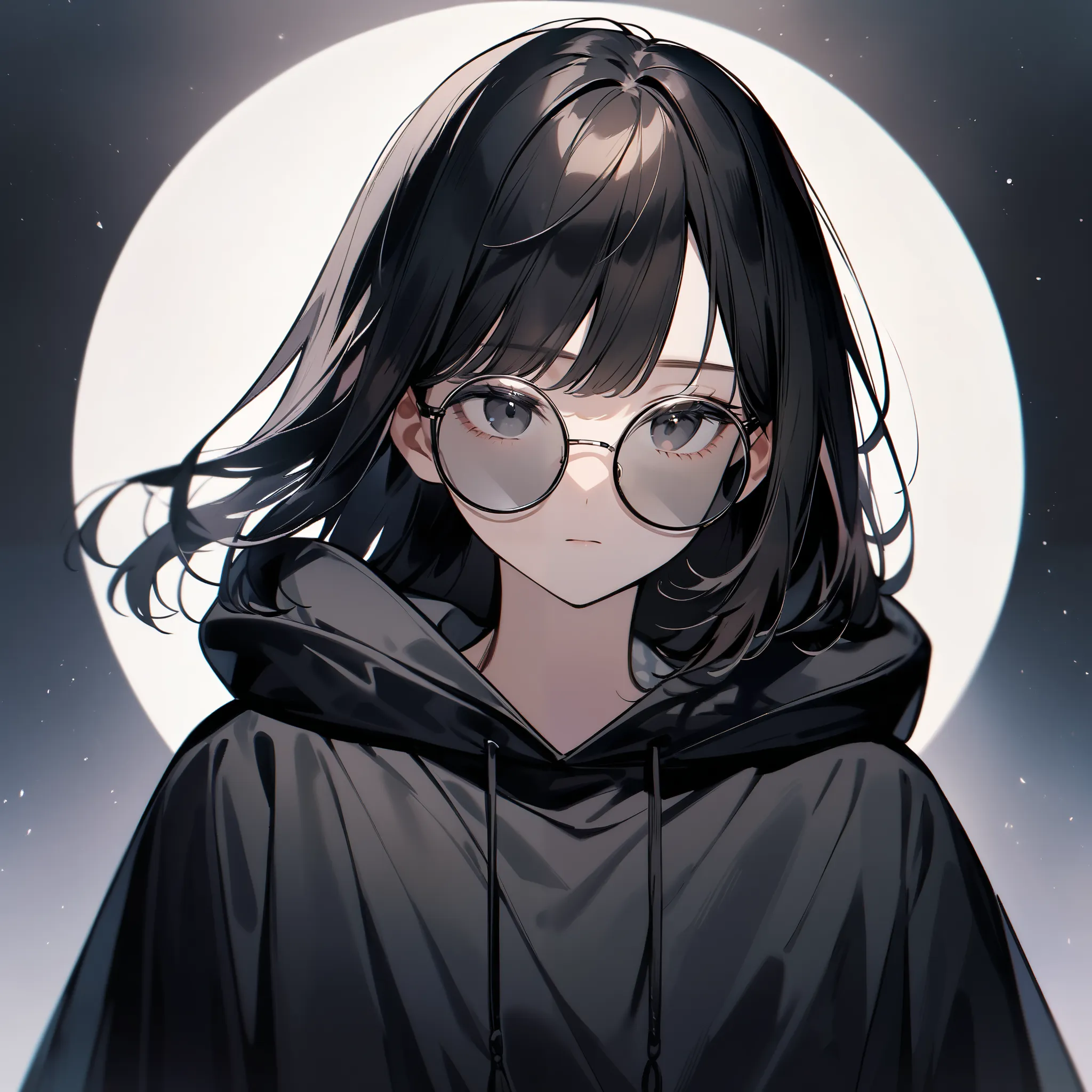 Anime girl, short dark hair, black eyes, black rim circular glasses, beautiful, cold expression, apathetic, emotionless face, dark background, cool, handsome, dark hoodie