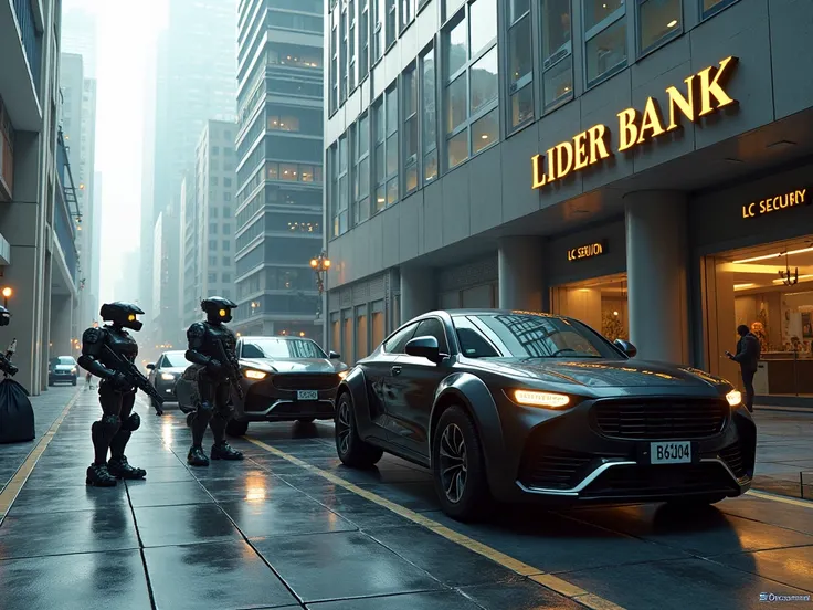 The action takes place in a modern metropolis with skyscrapers.
 Two cash collection cars, Square shapes,  black , standing near a large one 
luxury bank with the name “LIDER BANK” in gold letters. On these machines 
the inscription - “LIDER BANK”. These c...