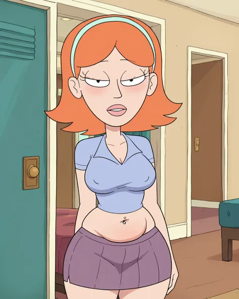 score_9, score_8_up, score_7_up, Jessica, plump body, parody, solo, 1girl, sit on the bed, hairband, tight t-shirt and tight skirt, bellybutton piercing, looking at viewer, half closed eyes, eyelashes, standing, indoors, hallway, chubbybelly, fulled stomac...