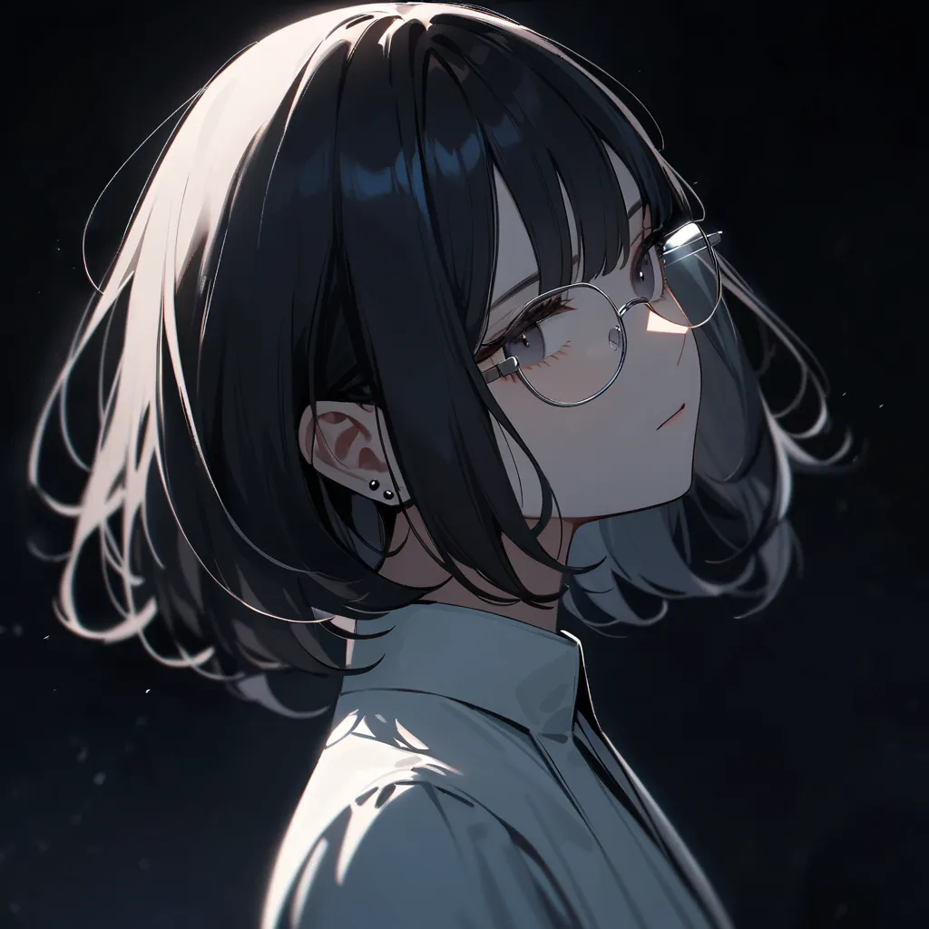 Anime girl, long dark hair, dark eyes, silver rimmed glasses, beautiful, cold expression, apathetic, emotionless face, dark background, cool, pretty