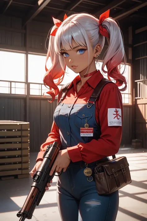  anime　 Japanese　Brown skinned woman　20 years old　 Silver Hair　twin tails　Eye color Blue　 red chokers　Red hair accessories　gun　background warehouse　