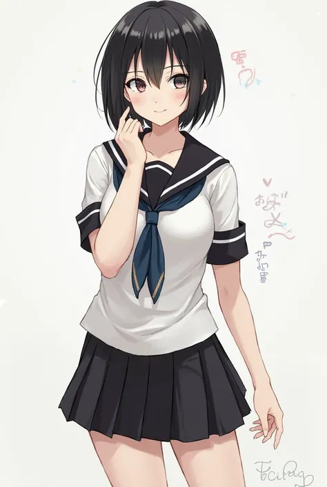 Tomboyish girl with short black hair and a small fang at the corner of her mouth. She has an athletic yet curvy physique with the following measurements:
	•	Shoulder width: 40 cm
	•	Bust: 100 cm (K-cup)
	•	Waist: 60 cm
	•	Hips: 90 cm
	•	Height: 160 cm

She...