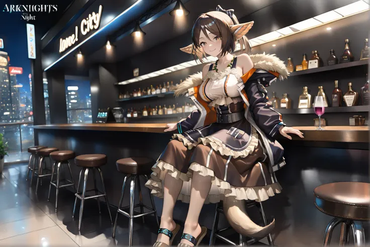 female,(((alone))) fox tail。looking at viewer, brown dress, brown slippers,,,((Perfumer)),((Perfumer_\(arknights\))), Perfumer_\(arknights\)。tiny boobs。
,( beautiful eyes:1.5),smile,,Photorealistic Background,Bar counter, is sitting, best quality, amazing ...