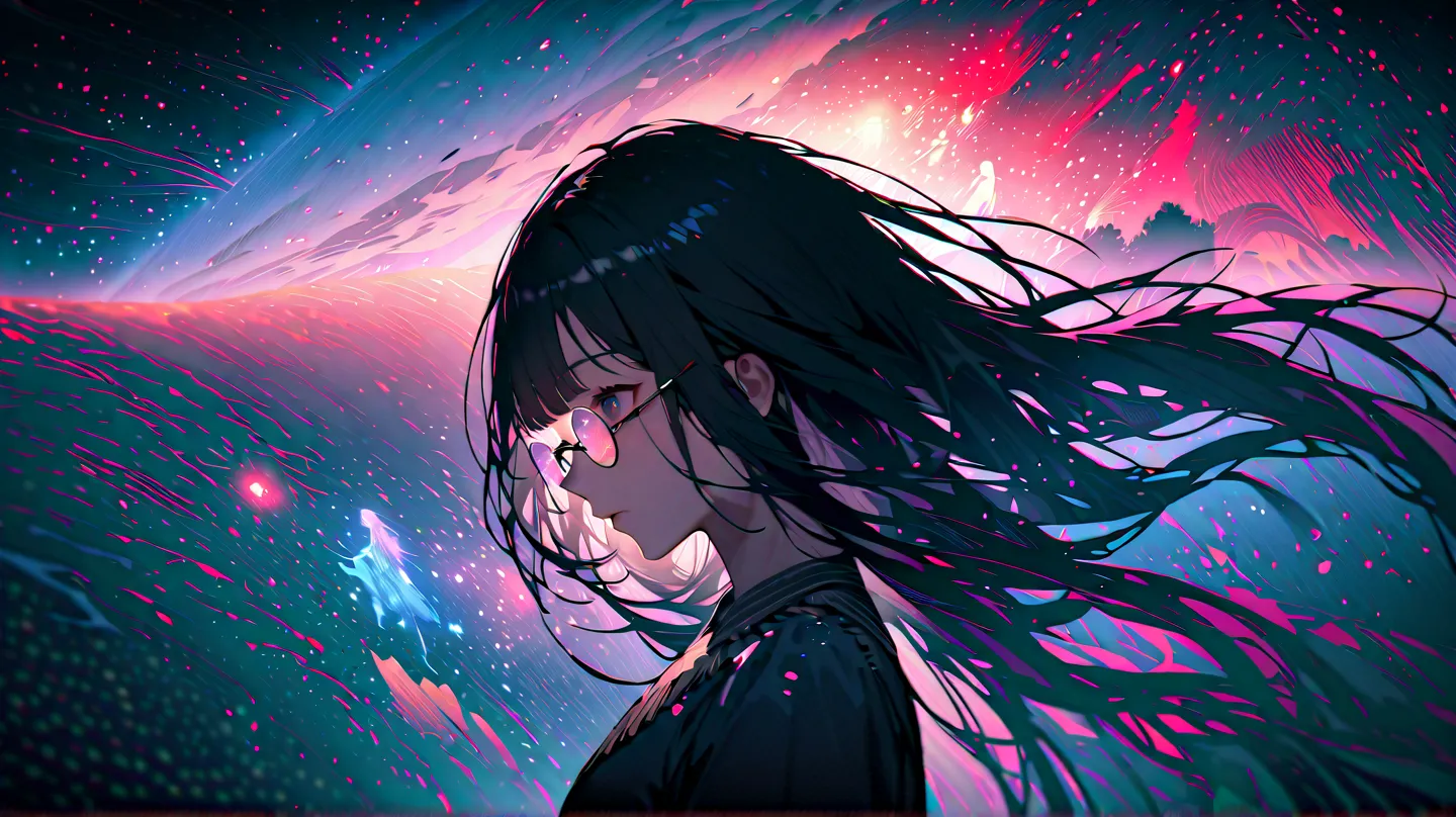 女性侧面轮廓的剪影.( long hair), Straight bangs, (((fringe glasses :1.3))), Inside the silhouette you can see the  double exposure with a deep space, universe, 超新星爆发,  masterpiece, (( double exposure)), Proportional ., double exposure

