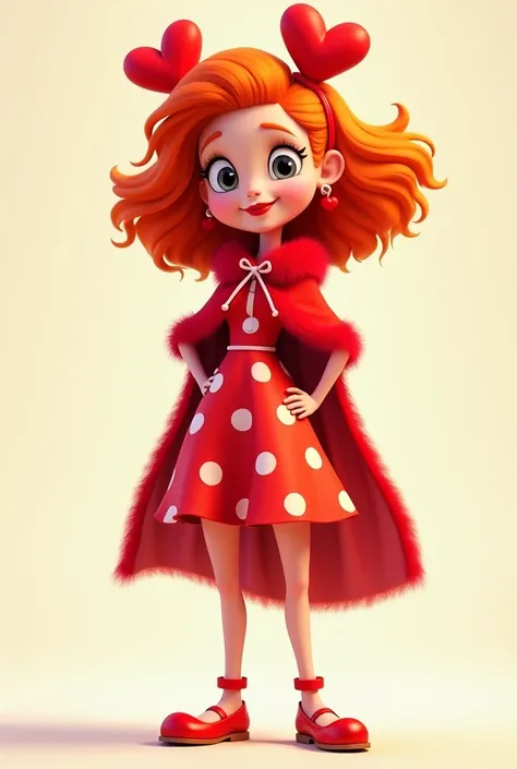 Create a tall 2d cartoon girl with red dress and white dots on it give her a furry red cape and red shoes and red curl hair with red lips medium and red heart shape on headpiece make her adult