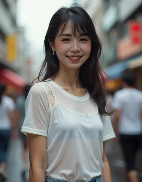 1 Japanese beautiful girl, ((white see-through wet T-shirt:1.4, denim pants)), ((show off nipple under white t-shirt:1.4)), (((wet body:1.4))),20yo girl, Super beautiful detailed face, (smile:1.4), earrings, (various hair style:1.4, bangs), cowboy shot, (s...