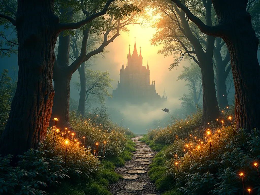 An enchanted forest with glowing flora, which is dark. mystical creatures,which are dark and a hidden pathway leading to a magical city in the distance. The atmosphere is tranquil and otherworldly, bathed in soft, golden light."