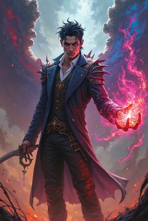 a card with a picture of a male character in a suit, a portrait inspired by Li Shida, cg society contest winner, auto-destructive art, colorful muscular eldritch, trading card game, shadowverse style, casting a multi colored spell, full card design, the go...