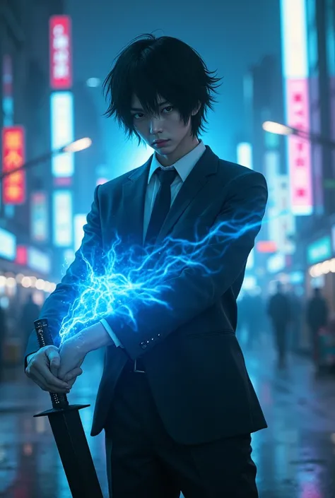 A Japanese male with black hair,  white skin、 Not Bearded 、 suit、I'm emitting a blue aura from my arm。Standing in the dark city of Shinjuku。I will hold a black, huge, and modern sword
