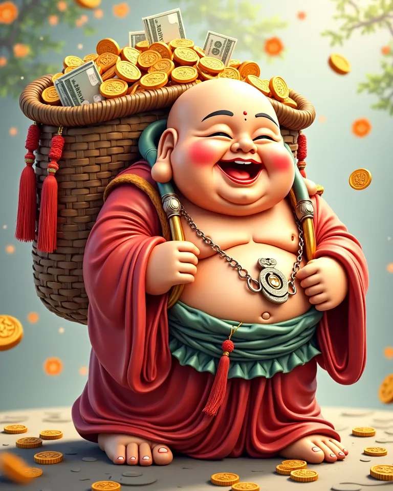 • Laughing Buddha's Fortune Basket: A woven basket overflowing with gold coins, banknotes, and lucky charms, carried by a cheerful Laughing Buddha on his back.