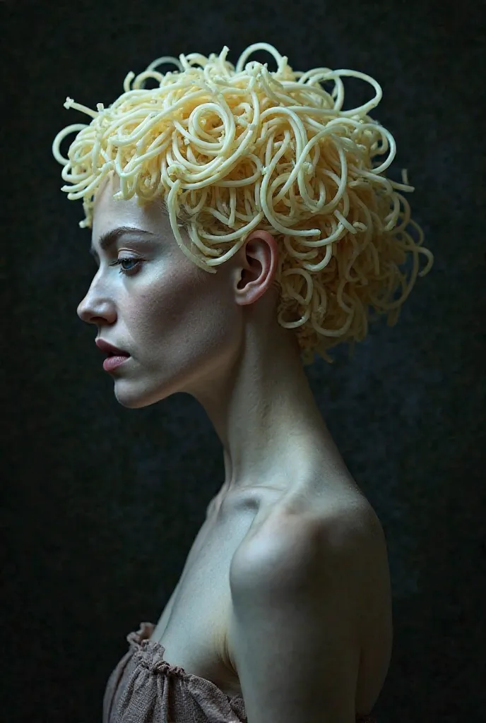 "A woman with no hair, her head styled with noodles as a creative and surreal hairdo. The backdrop is dark and haunting, amplifying the eerie and mysterious mood. This is an award-winning photography, captured in a close-up photoshoot that highlights the c...