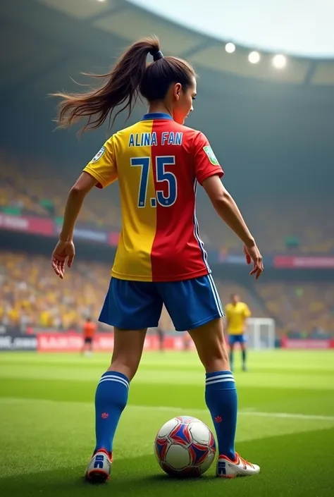 make a prompt about the following image that I want to make: I want to make a woman play soccer and the setting is something that refers to soccer, such as a lawn or a soccer stadium.
I want her to be wearing the jersey of Brazil and China half of each cou...