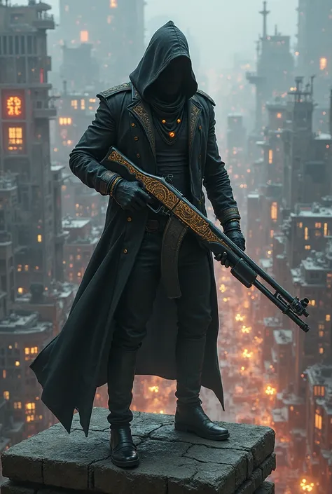  A man in a black assassin costume , black pants  , He is on top of a building with a shotgun engraved with magic runes in his hand. ((Steampunk city in the background))