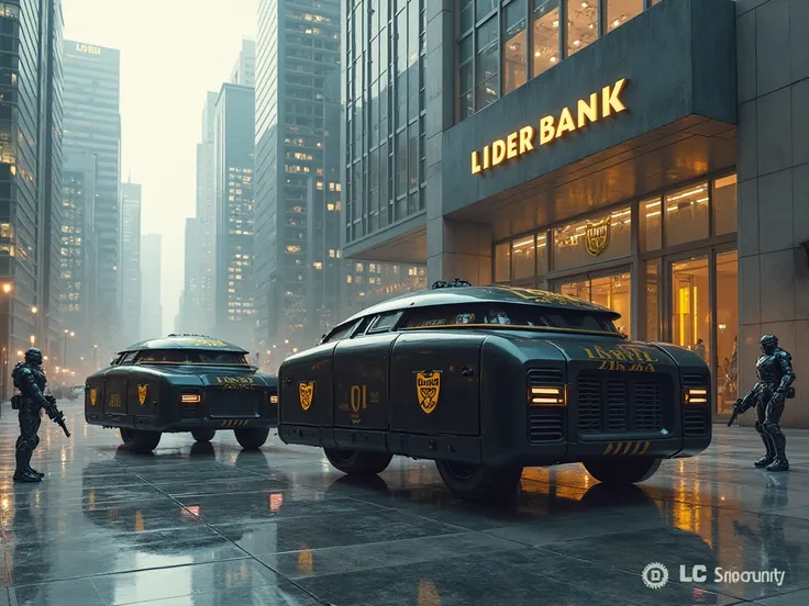 The action takes place in a modern metropolis with skyscrapers.
 Two cash collection cars, Square shapes,  black , standing near a large one 
luxury bank with the name “LIDER BANK” in gold letters. On these machines 
the inscription - “LIDER BANK”. These c...