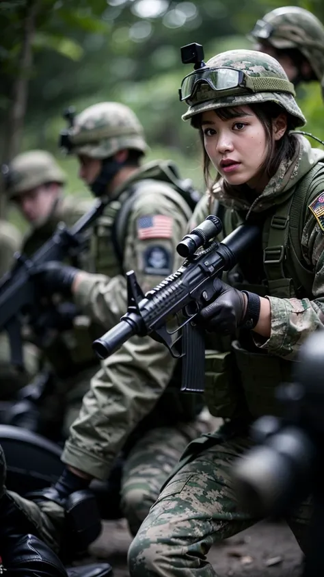  holding a rifle and radio staring at the audience,jungle、mechanized Soldier Girl,  Future Battle Gear ,  Realistic Soldier , Cinematic — ar 16 :9, Keep PDW,  wearing tactical armor, Heavily armed, ry Girl,  Camouflage Gear , Airsoft Gun CQB,  Realistic Mi...