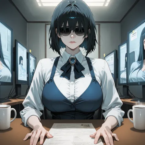 Anime style. The scene depicts a police detective, a slender adult woman, sitting alone in her department while reviewing and filling out case paperwork at her desk. She wears a well-fitted, dark-colored suit jacket over a light-colored dress shirt, convey...