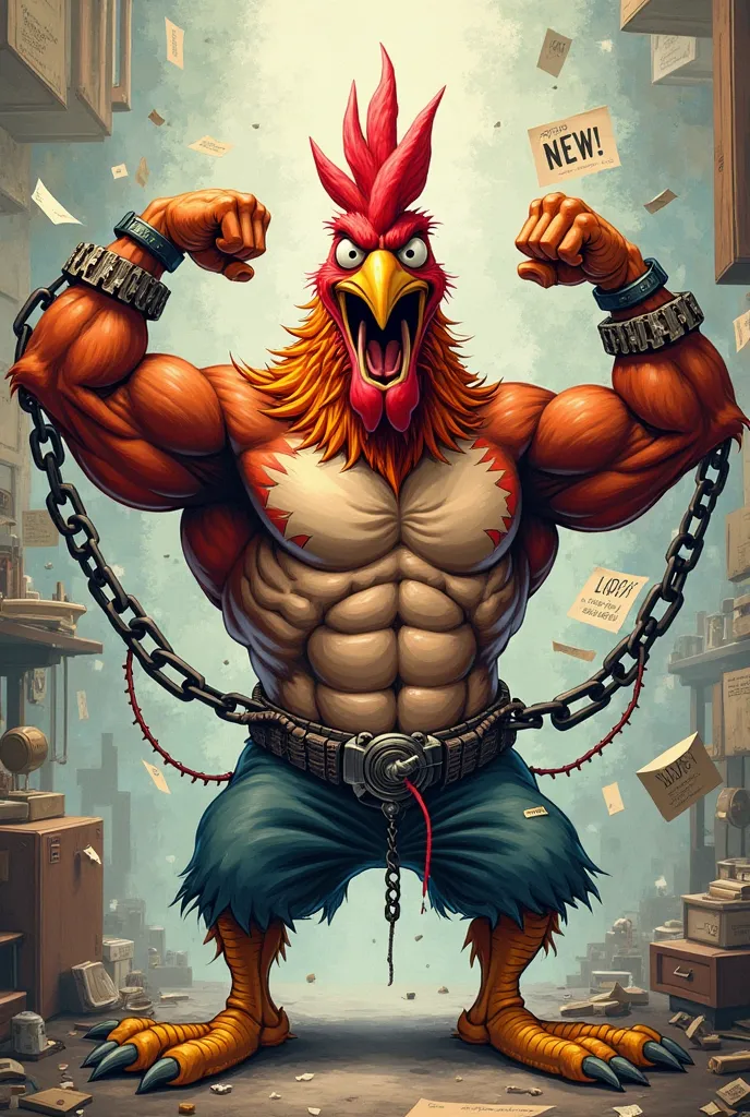 cartoon of a Rooster Monster biting his chain and flaunting his arm muscles and underneath there is a multistudy text