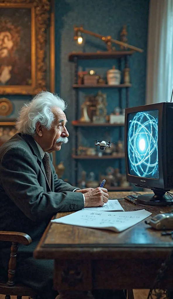 Albert Einstein's perspective,  sitting at the table , looking at the interviewer. The television is among them, displaying static images. Einstein is in a comfortable pose,  with a thoughtful expression , holding a pen and paper with equations. The settin...