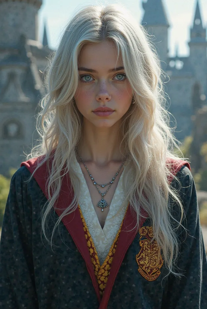 A girl who looks like Dasha Taran, with silver-blonde hair, blue eyes, a Hogwarts school uniform, and a necklace.