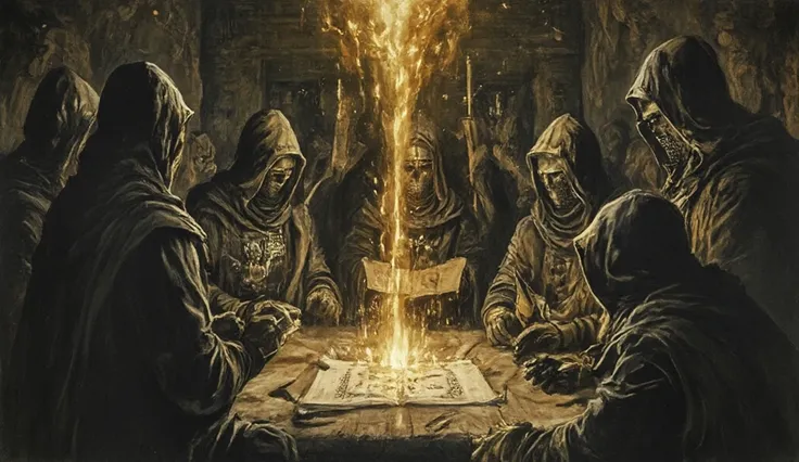 A dark esoteric diagram depicting Knight Templars being interrogated under the Inquisition’s watch. Hooded figures hold sacred scrolls, forcing confessions through ritualistic means. Golden energy flickers around the knights, hinting at the resilience of t...