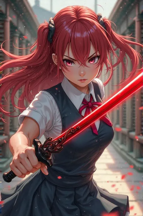 Red-haired girl in school uniform with two black and red swords