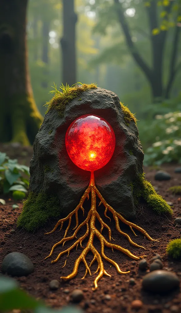 A surreal scene depicting the root chakra as a bright red jewel embedded in the soil of a mystical forest. Golden roots extend from the rock, connecting with the earth and emitting waves of vibrational energy