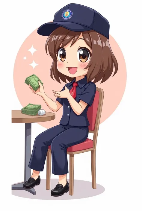 A cute cartoon style illustration of a brown-haired girl, wearing a dark blue short-sleeved uniform, with dark blue slacks and a hat as the highlights, and black pumps. She has a cheerful expression, big round eyes, and a smiling mouth. She is sitting on a...