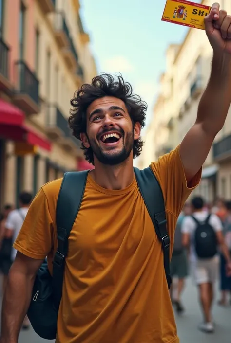 jeune homme brun hyper heureux souleve un billet d'avion direction espagne en regardant droit devant lui
