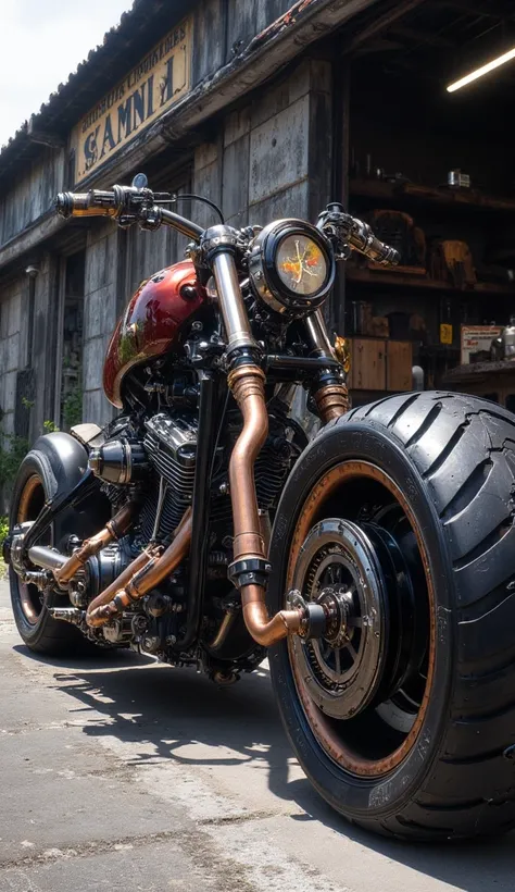 "A custom steampunk-style motorcycle with copper pipes and large wheels, parked on the side of the road in front of an old workshop. The photo was taken from close range with natural lighting, showing the unique details of the intricate-looking machine."