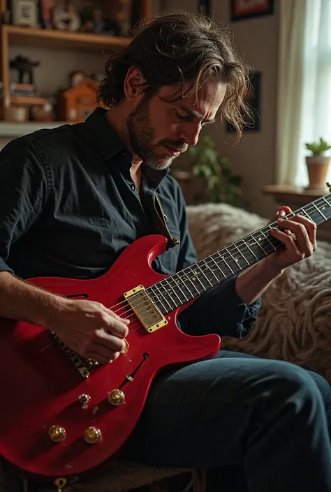 Create an image of a guitarist playing an all-red guitar sitting in his room