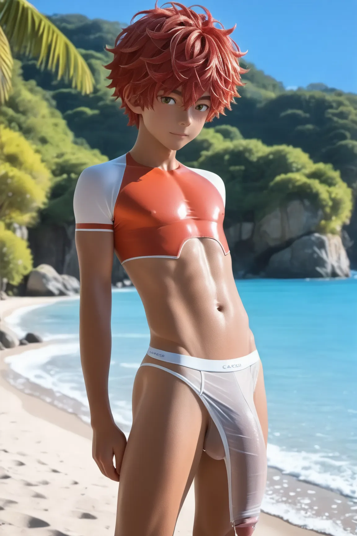 masterpiece, accurate, anatomically correct, highly detailed, textured skin, super high resolution, one boy, Japanese male, 18 years old, short hair, red hair, messy hair, toned body, six pack abs, solo, sexy, sexy positions, ((score 9, score 8_up, score 7...