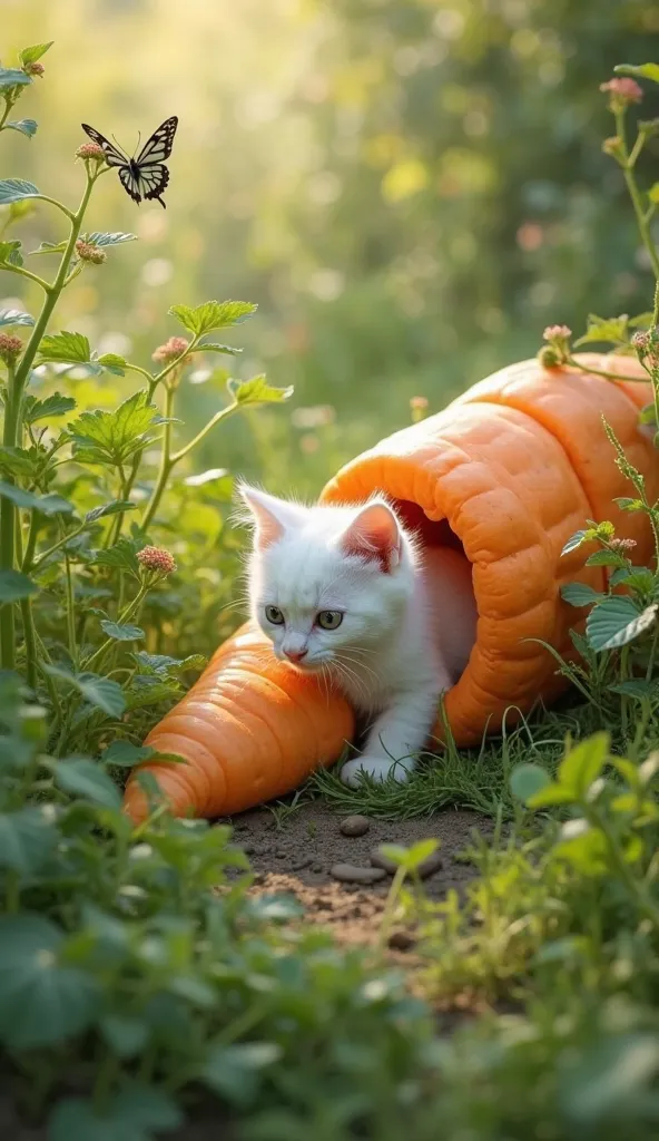 In a lush green garden, a little white kitten explores, chasing butterflies and sniffing flowers.
She stumbles upon a big, long carrot-shaped form and, driven by curiosity, crawls inside to investigate.