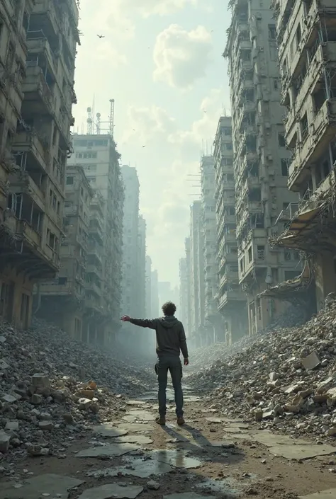 Person pointing to devastation in a city.