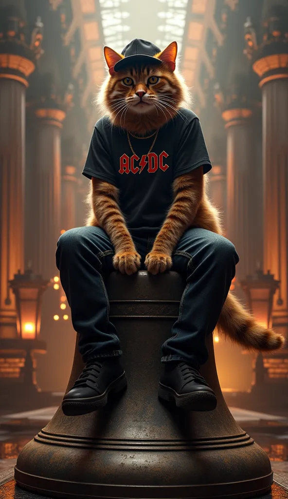 A photo of the hardrock band as cats Ac/dc character Brian Johnson as a cat sitting a huge hellbell, the hellbell is hanging over the stage . He wering black jeans, black cap and black T-shirt.

 